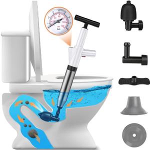 Toilet Plunger, High Pressure Air Plunger Drain Blaster with Visual Pressure Gauge, Drain Clog Removal Tool, Stainless Steel Toilet Unclogger Plungers for Bathrooms, Sinks, Kitchens, Clogged Pipe (White)