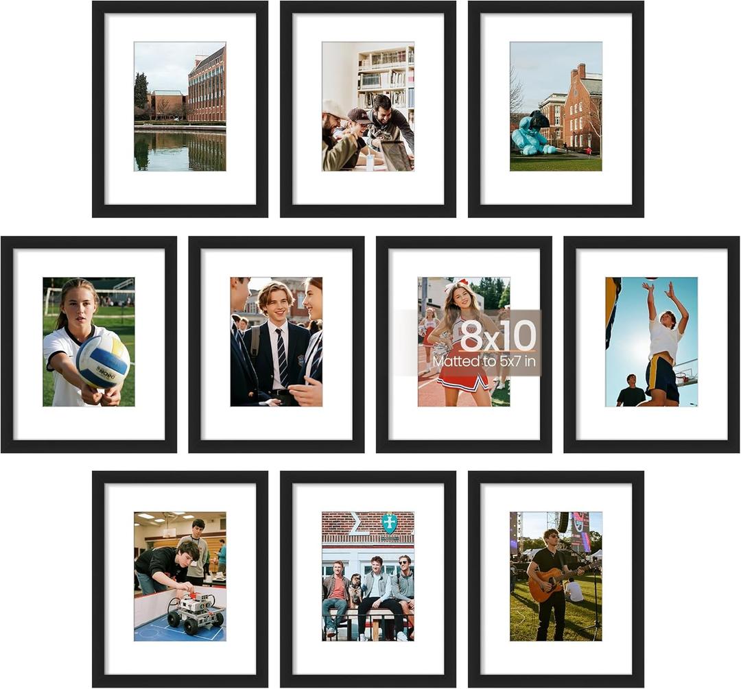upsimples 8x10 Picture Frame Set of 10, Display Pictures 5x7 with Mat or 8x10 Without, Multi Photo Frames Collage for Wall or Tabletop Display, Black