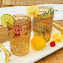 Kate Aspen Vintage Textured Amber Striped Drinking Glasses Set of 6-13 oz Ribbed Glassware with Flower Design | Cocktail Set, Juice Glass, Iced Coffee Cup
