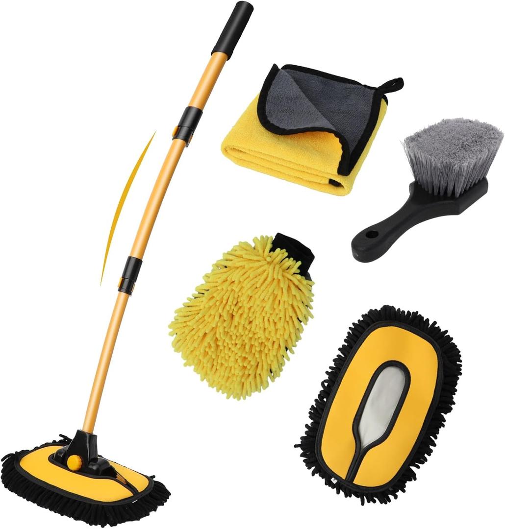 Car Wash Brush with Long Handle, 15Curved Car Cleaning Brush with Replaceable Head Cover, Truck Washing Brush with Telescopic Handle Wash Mop Kit 5PCS (Yellow)
