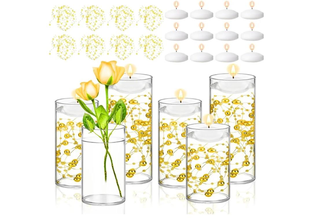 6 Set Glass Cylinder Vase with 8 Artificial Pearl String 12 White Floating Candle Multi-Size Cylinder Vase for Centerpieces 4"+ 6" + 8" Glass for Wedding Party Table Decor(6 Pcs-Gold)