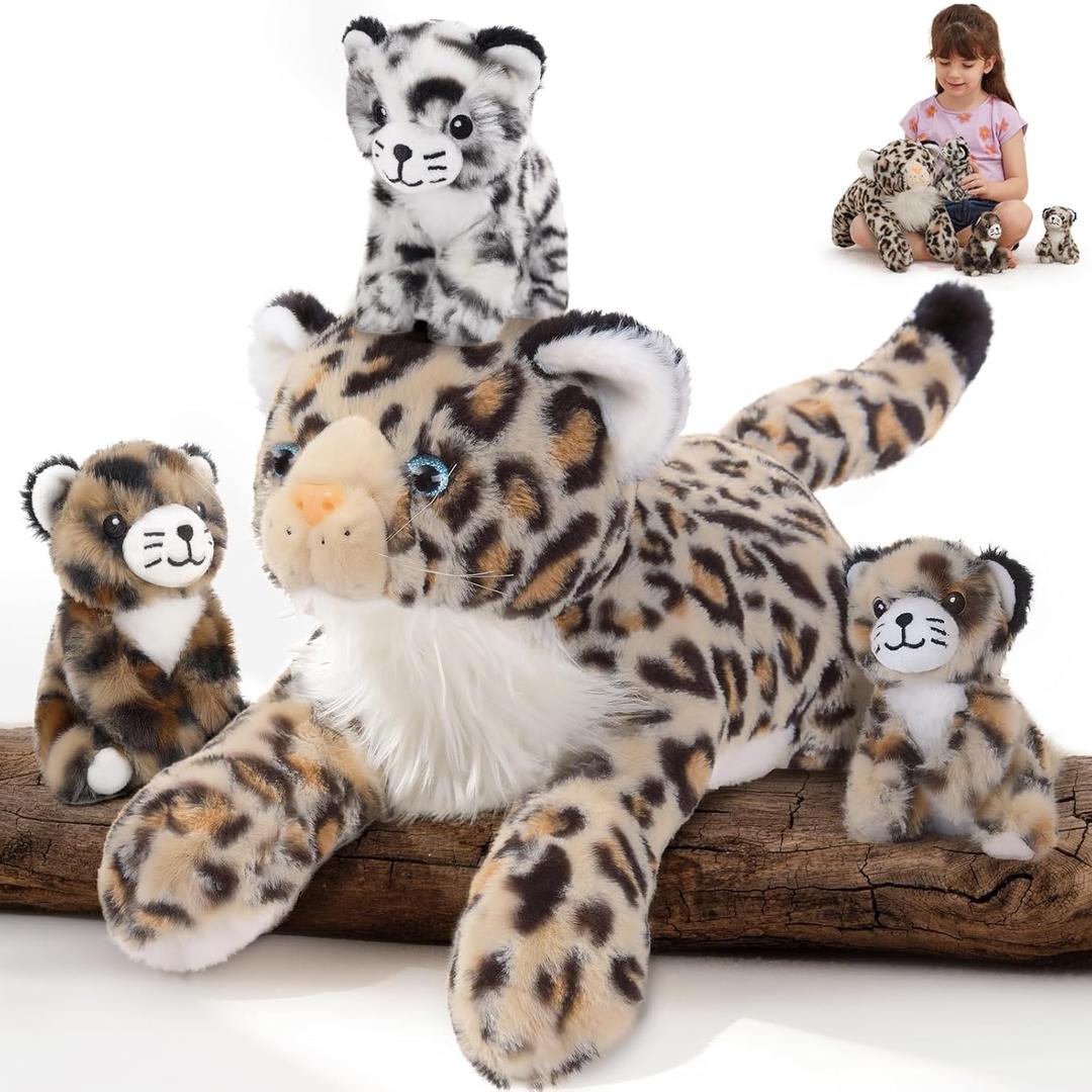 MorisMos Cheetah Stuffed Animal with Babies for Girl Kid,18'' Large Mommy Cheetah with Cub Plushies,Mama and Baby Leopard Stuffed Animal Plush Toys,Realistic Leopard Toy Gifts for Birthday Party Decor
