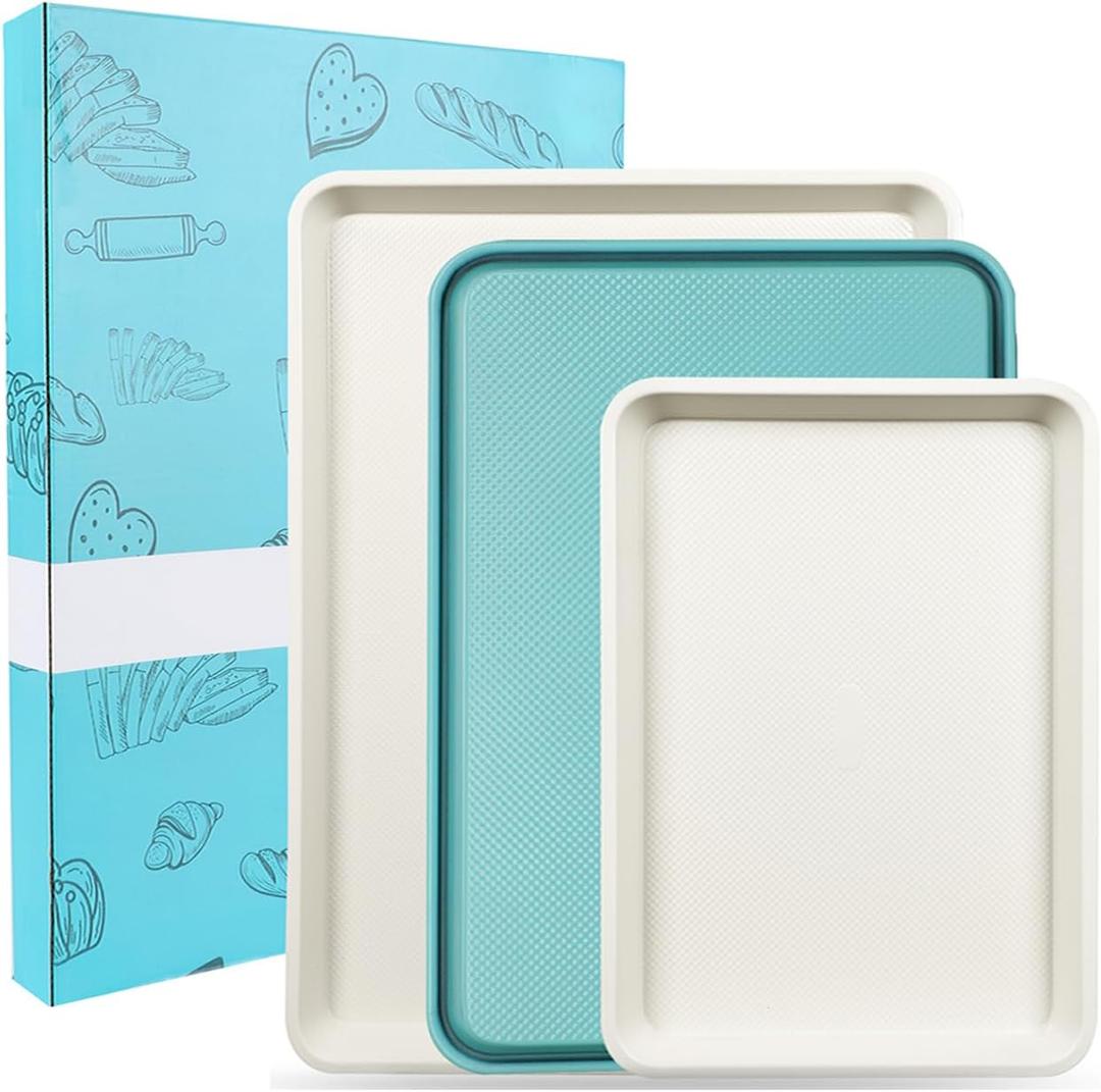 3-Pack Blue Ceramic-Coating Baking Sheet Pans, PFOA/PFOS/PTFE-Free Nonstick Cookie Sheet Trays, 0.8mm Thick Heavy Duty, with Diamond Texture, Replacement Toaster Oven Tray for Everyday Baking