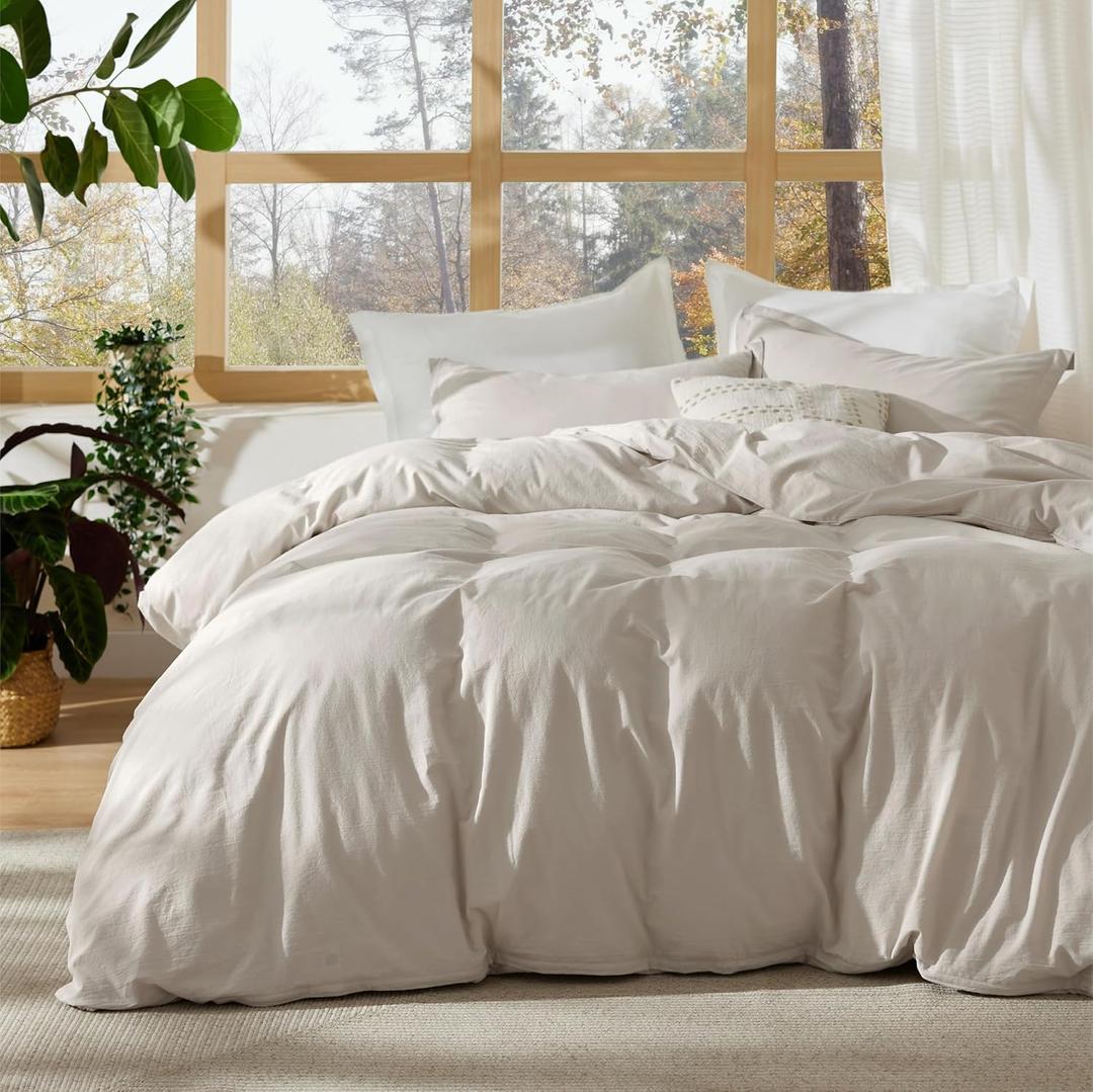 Bedsure 100% Stone Washed Cotton Duvet Cover King - Light Greige Minimalist Cotton Duvet Cover Linen Like for All Seasons - GentleSoft Plain Simple Bedding (Light Beige, King, 104"x90")