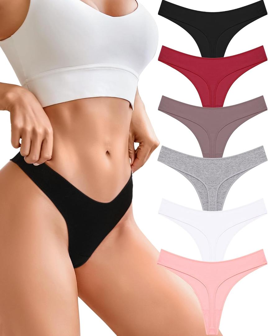 CUTE BYTE Cotton Thongs for Women Sexy Ladies Panties Breathable Stretch Hipster Cotton Underwear 6 Pack XS-XL (Black/Red/Khaki/Gray/White/Pink) Small