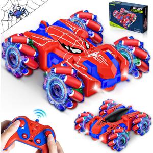 Spider Remote Control Car for Boys, Rechargeable RC Cars Toys with Cool Lights, 2.4Ghz Double Sided Drift RC Stunt Cars, 360Rotating 4WD Off-Road Race Car for 4-6 6-12 Boy Kids Gifts (Red)