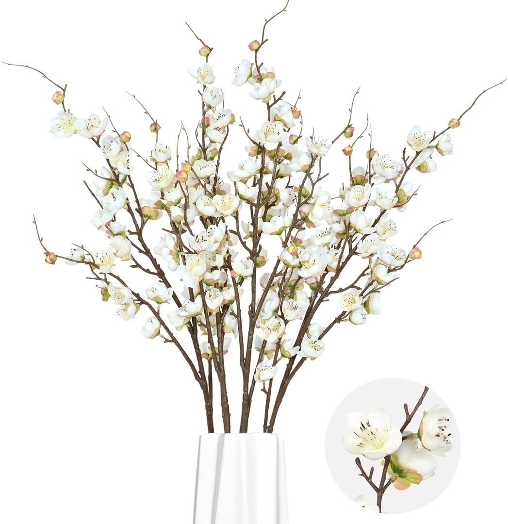White Cherry Blossom Branches Long Stem Artificial Flowers for Tall Vase Silk Flower Bulk Plum Blossom Flowers for Indoor Home Decor Bedroom Wedding Floral Arrangement Table Centerpieces Party