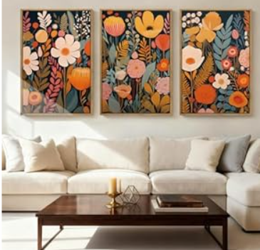 IARTTOP Large Floral Framed Canvas Wall Art 16x24 Inch Orange Abstract Blossom Flowers Wall Decor Set of 3 Mid-century Modern Boho Botanical Art Prints for Living Room Bedroom Office