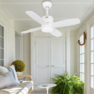Ohniyou 38" Modern Ceiling Fans with Light and Remote Small Dimmable 6-Speed Outdoor Ceiling Fan with Downrod for Covered Patio Porch, White