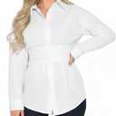 Women Fitted Button Down Shirt Cinched Waist Tops Cotton Long Sleeve Wrap Blouse Stylish Dressy Casual Outfit 2025 (White, S)