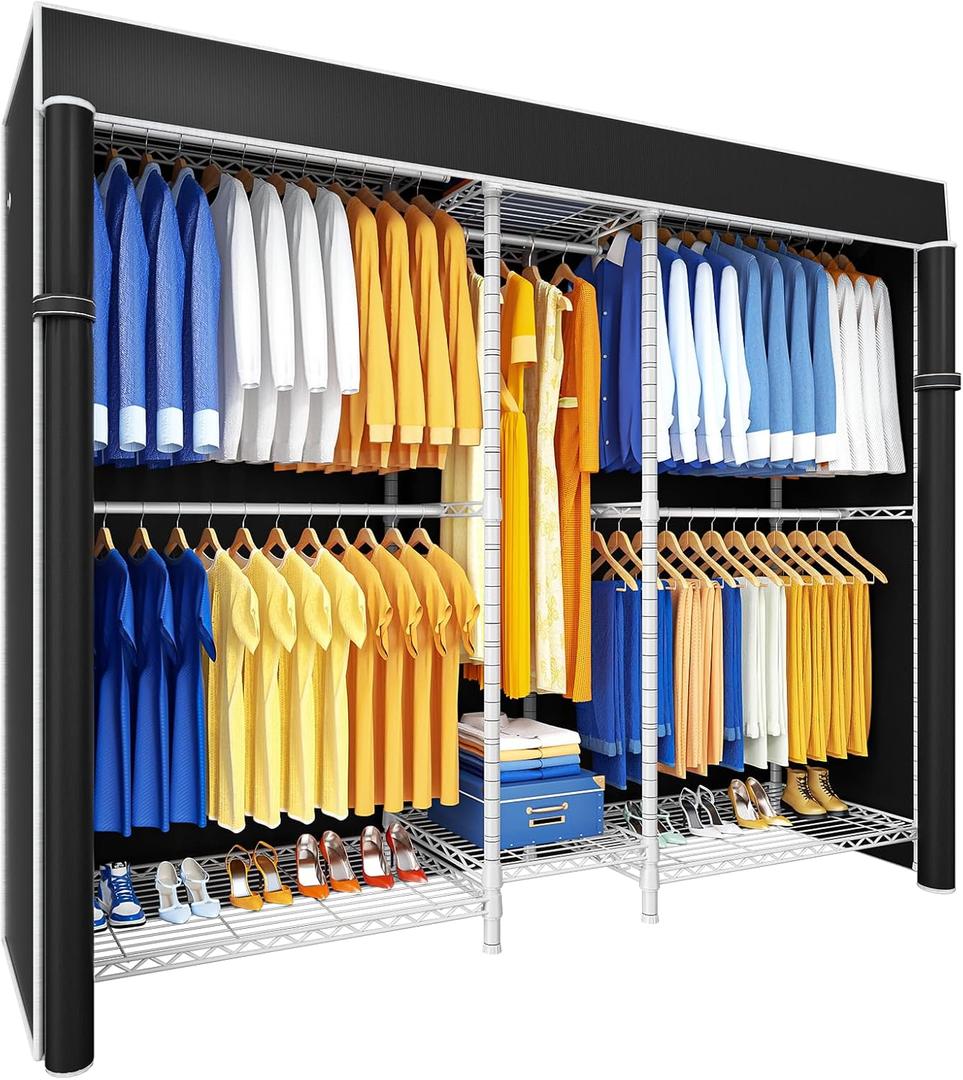 Ulif E12C Heavy Duty Closet Organizer SystemFreestanding Clothing Racks for Hanging ClothesAdjustable Garment Rack 71" W x 16" D x 76.5" H Hold 960 lbsWhite Clothing Rack with Black Dustproof Cover