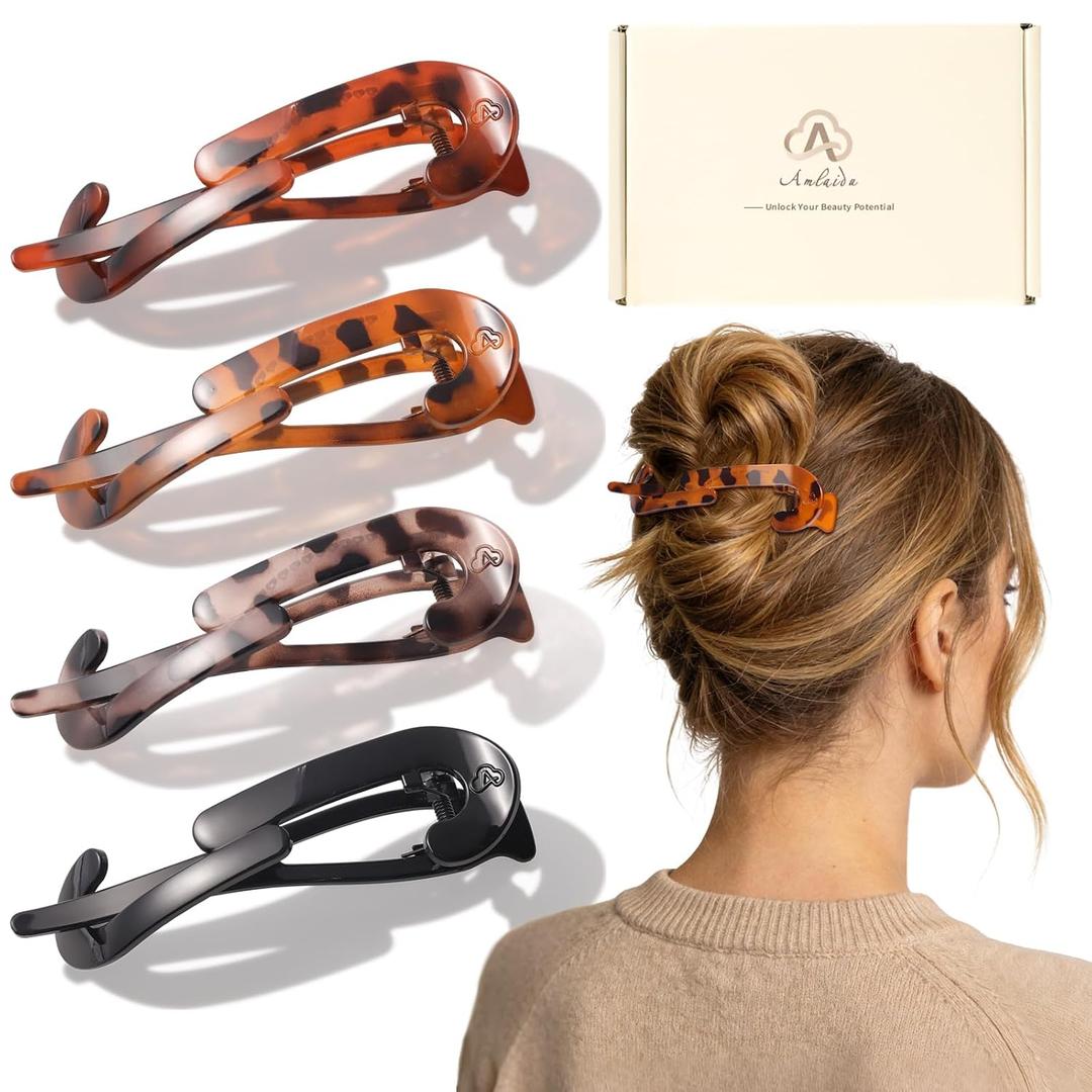 Large Twist Flat Hair Clips for Medium Thick Hair for Women, Stylish Flat Claw Clips for Long Straight Curly Hair, French Hairclips for Styling Driving Yoga Work - Tortoise Design, 4pcs