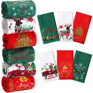 Tatuo 6 Pieces Christmas Bathroom Towel Bulk Santa Reindeer Snowman Christmas Tree Decorative Cotton Hand Towels Cotton Embroidered Hand Towels for Kitchen Bathroom Home Cleaning (Retro Style)