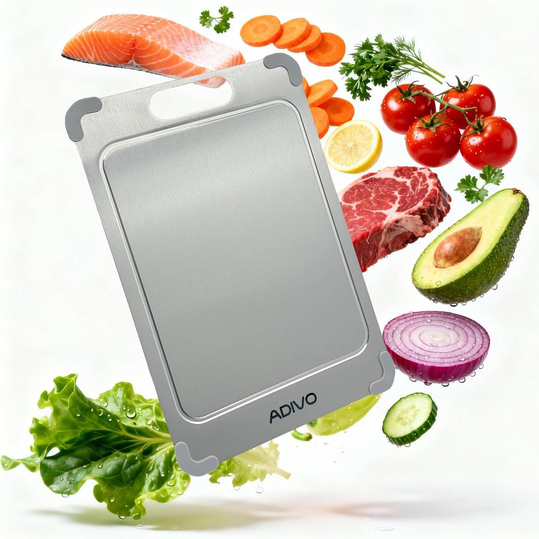 Adivo 100% Pure Titanium Cutting Board for Kitchen, Double-Sided Titanium Cutting Board with Juice Groove, Easy to Clean Metal Chopping Board for Meat Vegetables Fruit, Dishwasher Safe (15.3x11) Large