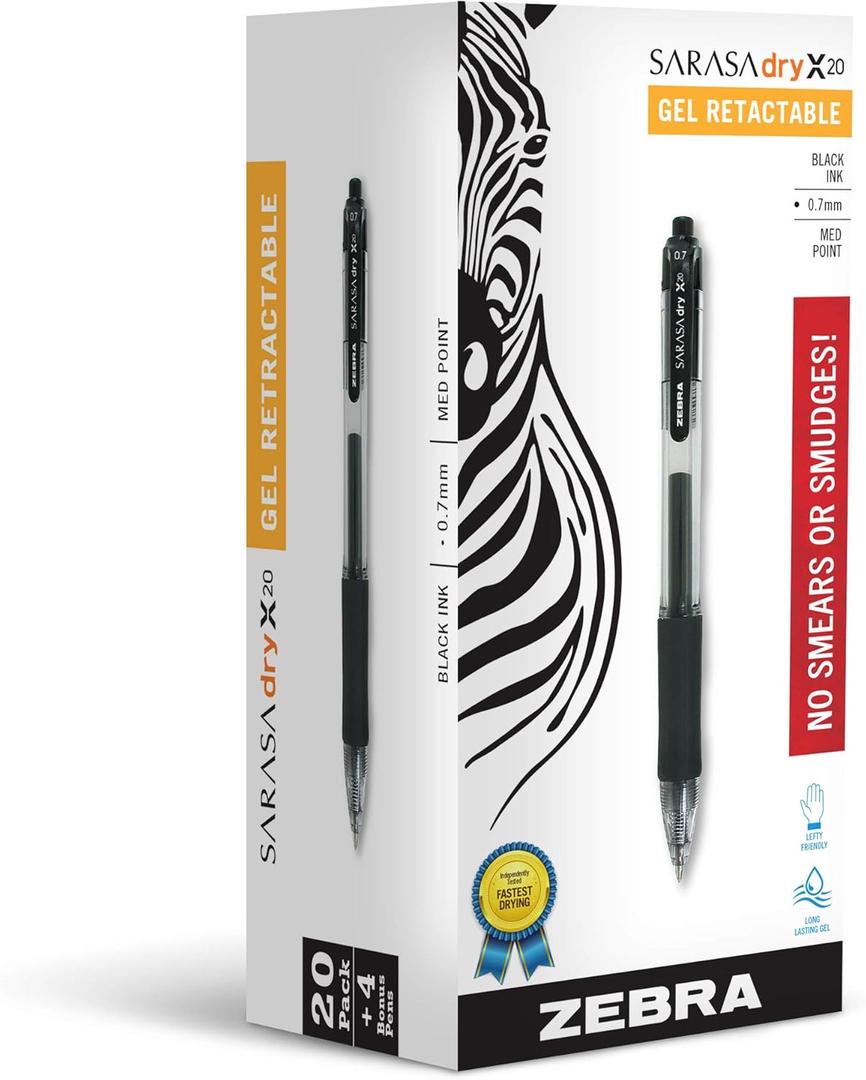 Zebra Pen SARASA Dry X20 Retractable Gel Pens, 0.7mm Medium Point, 20 Black, 2 Blue, 2 Red Ink, Feature Rapid Fast Dry Ink Technology, Ideal for the Left Handed, Elimates Smearing, 24-Pack (14680)