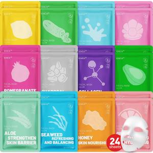 KONEUK 24 Pack Sheet Hydrating Face Masks Skincare, Soothing & Moisturizing Face Mask for All Skin Types, Bulk Collagen Face Mask for Women Skin Care, Facial Masks Set Spa Gifts for Women