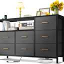 AODK Dresser with Charging Station, 52-Inch Long Dressers for Bedroom with 7 Large Fabric Drawers, TV Stand with Open Shelves for 55-Inch TV, Dark Grey