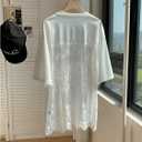 MakeMeChic Lace Jersey Shirts for Women V Neck Letter Graphic Tee Oversized Sheer Tops (White, XS)