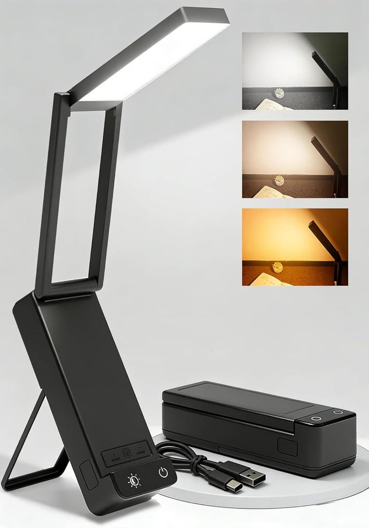 EZVALO LED Rechargeable Desk Lamp, 6000mAh Battery Operated Light, Cordless Table Lamp for Book Reading, Foldable Mini Lamp & Portable, 3 Color Dimmable Small Wireless Reading Lamp, Black