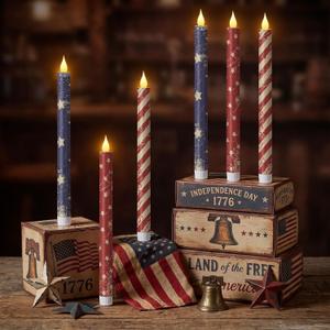 Honoson 6 Pcs 4th of July Taper Candles 10.6 Inch Patriotic Flameless Candles Battery Operated Red White and Blue LED Candlesticks for Independence Day Dinner Table Home Party Decoration