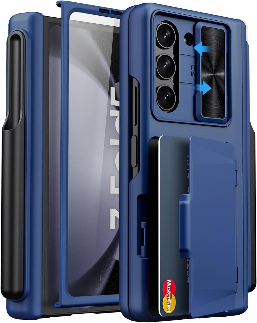 For Samsung Galaxy Z Fold 5 Case & S Pen Holder & Hinge Protection & Camera Cover, Built-in Card Holder & Screen Protector, Durable Multifunctional Wallet Phone Case for Z Fold 5 2023, Blue