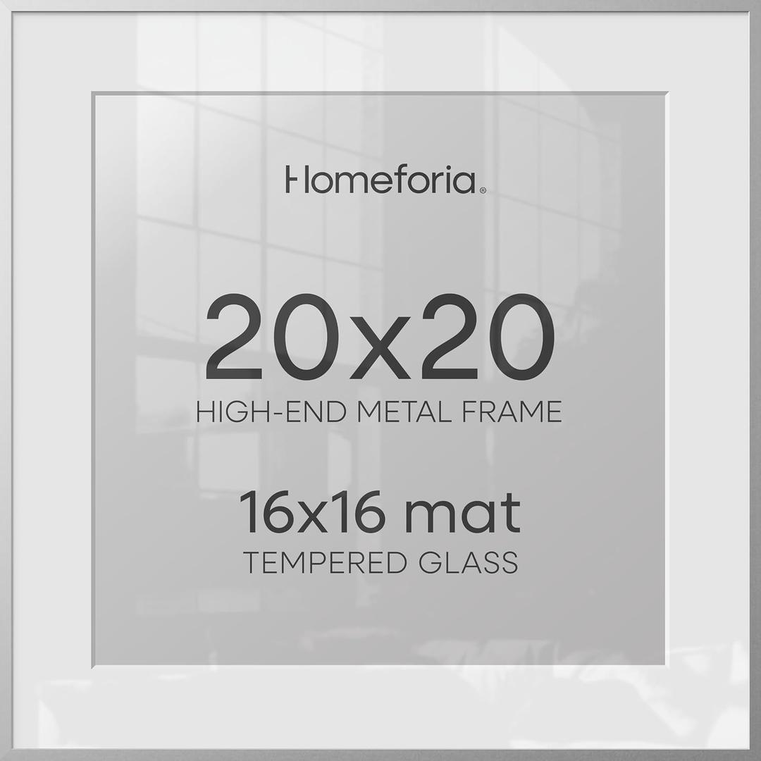 Homeforia 20x20 Silver Picture Frame, High End Metal 20 x 20 Square Frame with Mat 16 x 16 Photo, 20x20 Poster Frames Matted to 16x16 Print, 20 by 20 Hanging Frames, Tempered Glass, Wall Kit, Set of 1