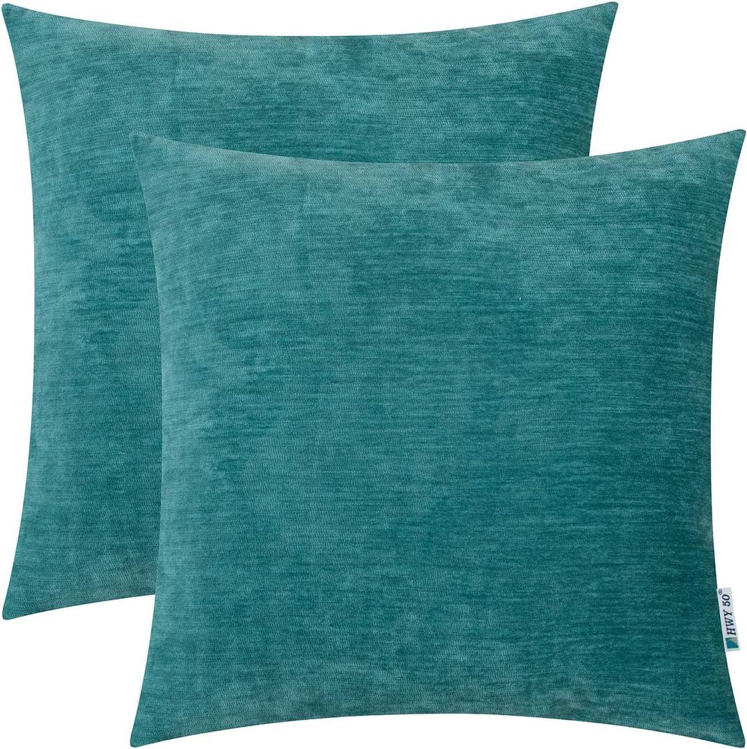 HWY 50 Teal Decorative Throw Pillow Covers Set 18x18 Inch for Couch Bed Bedroom Sofa Living Room, Chenille Soft Comfy Solid Square Throw Pillows Cases Cushion Cover Pack of 2