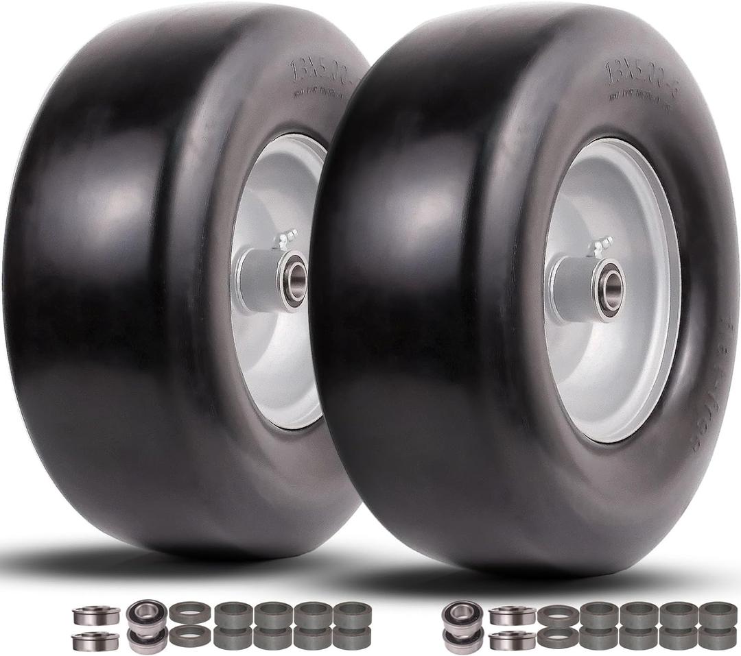 13x5.00-6 Flat Free Tire and Wheel,Front Zero-Turn Smooth Tire Assembly Replacement for Riding Lawn Mower Garden Tractor,with 3/4" & 5/8" Precision bearings,3.25"- 5.9" Center Hub (2 Pack)