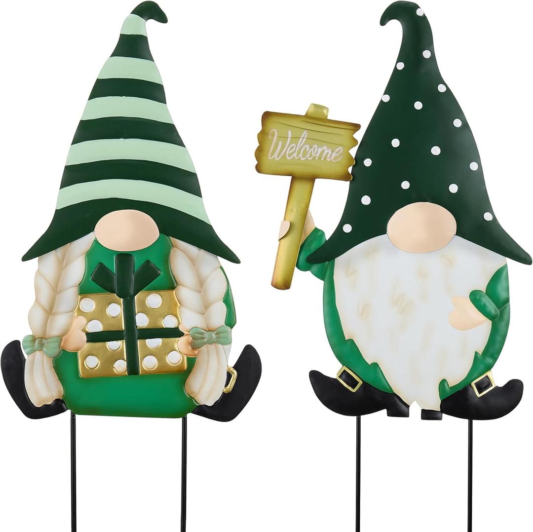 TERESA'S COLLECTIONS St. Patricks Decorations Outdoor for Home, 2Pcs Metal Gnome Decor Garden Stakes, Saint Patricks Yard Art Welcome Signs Gifts, Luck of The Irish Decor Yard Lawn Porch, 25" (Large, Green)
