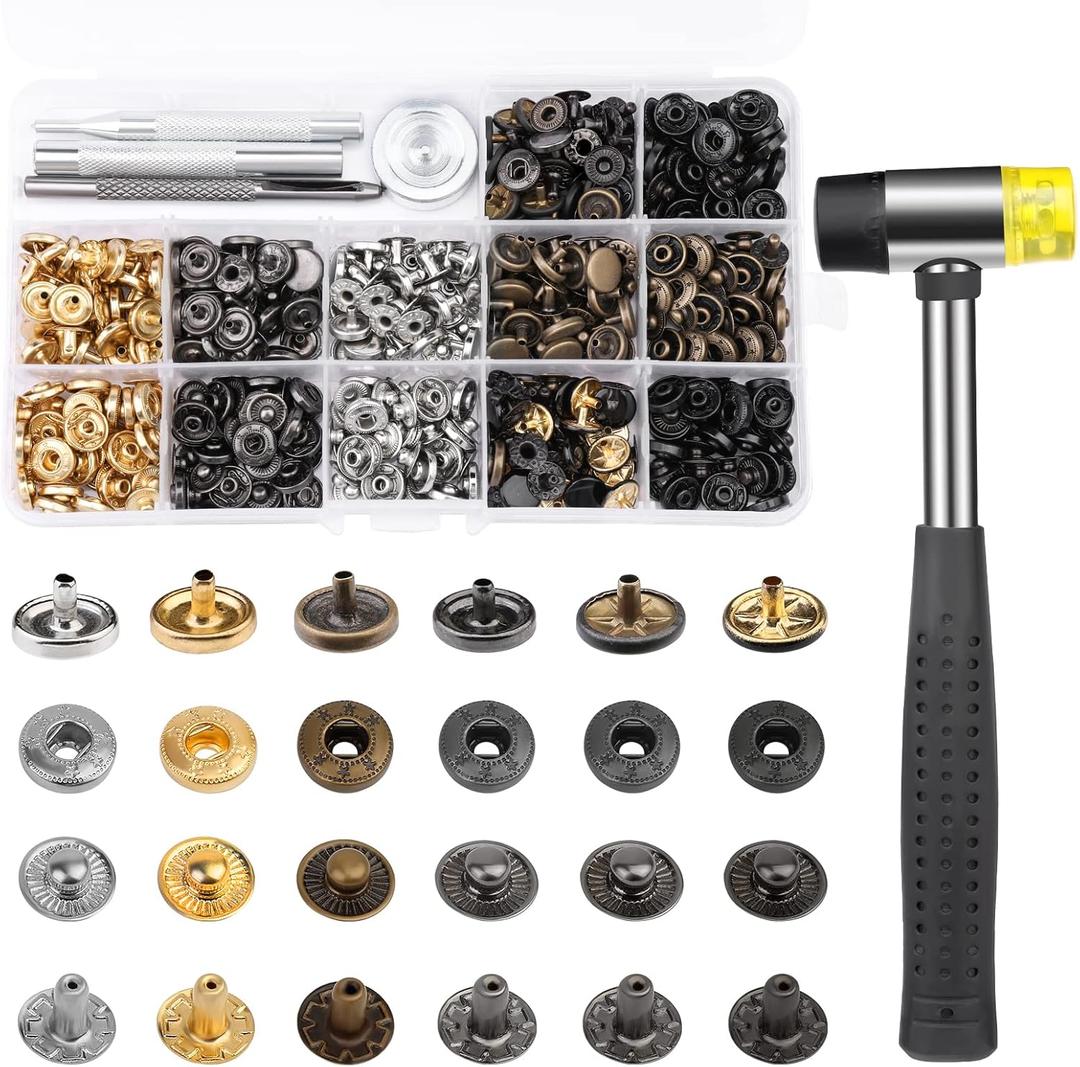 TLKKUE 120 Sets Snap Fasteners Kit, 10mm Snap Buttons with Rubber Hammer, 6 Color Metal Snap Buttons Press Studs with 4 Setting Tools, Snaps for Fabric, Clothes, Jackets, Jeans Wears, Bags, Leather