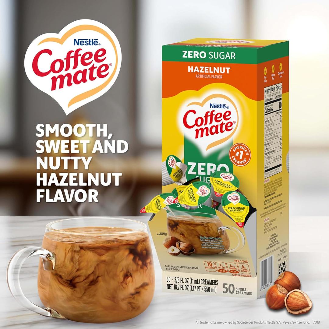 Nestle Coffee mate Coffee Creamer, Zero Sugar Hazelnut, Liquid Creamer Singles, Non-Dairy, No Refrigeration  BB Date: 11/2026, 18.7 FL