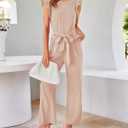 BTFBM Women Jumpsuits Crew Neck Ruffle Cap Sleeve Belted High Waist Wide Leg Romper with Pockets One Piece Casual Outfits (Beige, XXL)