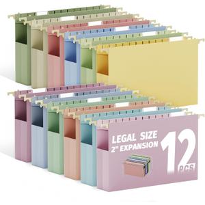 Ansook Legal Size Hanging File Folders Extra Capacity, Heavy Duty 2 Inch Expansion Plastic File Folders Hanging with Tabs,12 Pack Pastel File Cabinet Folders, Expandable Hanging File Folder Organizer