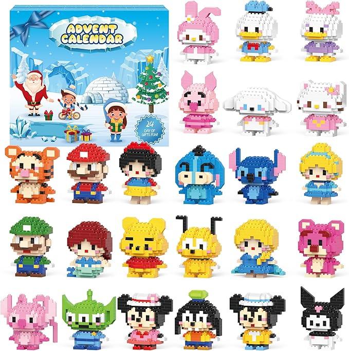 Building Blocks Advent Calendar 2024-24 PCS Cute Cartoon Blocks Countdown Building for Boy Girls Christmas Gift