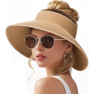 Sun Visors Hats for Women, Fashionable Straw Beach Hat with Wide Brim, Sun Hat UPF 50+ UV Protection