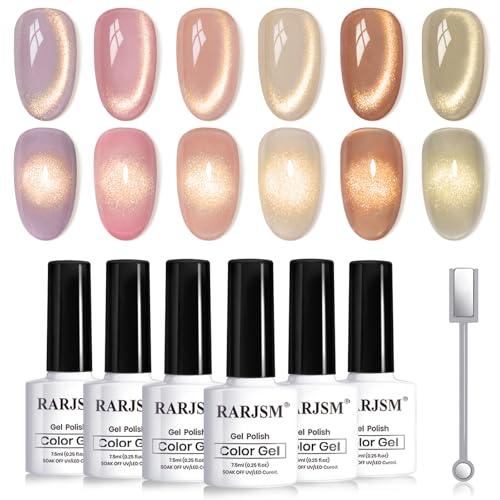 RARJSM Gold Glitter Cat Eye Gel Nail Polish Set 6Pcs Nude Pink Light Purple Brown Gray Green Velvet Ice Jelly Glitter Cateye Gel Polish with Magnetic Stick UV LED Curing Require Home Salon Nails RARJSM Gold Glitter Cat Eye Gel Nail Polish Set 6Pcs Nude Pink Light Purple Brown Gray Green Velvet Ice Jelly Glitter Cateye Gel Polish with Magnetic Stick UV LED Curing Require Home Salon Nails