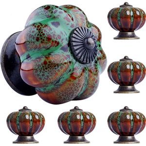 OLAYA Vintage Pumpkin Ceramic Cabinet Knobs and Handles - Retro and Elegant, 6 Pack (Pumpkin Green)