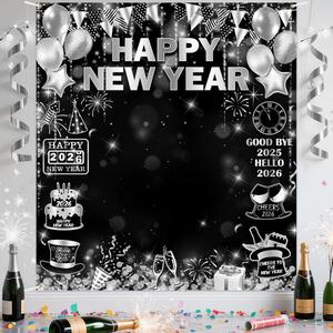 Black and Sliver 2026 Happy New Year Banner Photography Background New Years Eve Party Decoration Backdrop Holiday Party Hanging Poster Background Banner 70.8x78.7 inch