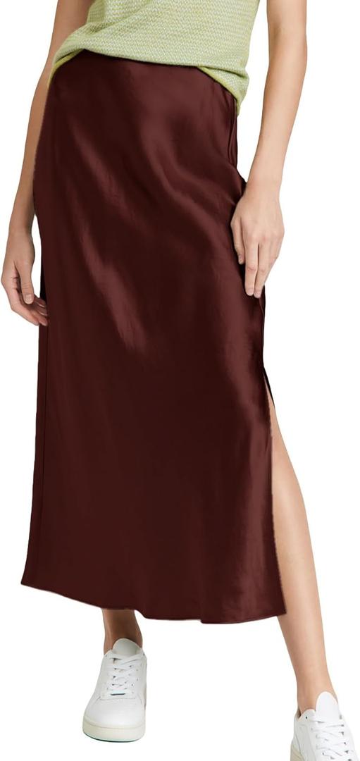 ATHX Women's Satin Long Skirt Dressy 2024 Summer High Waisted Silk A Line Split Elegant Maxi Skirts (Coffee) XL