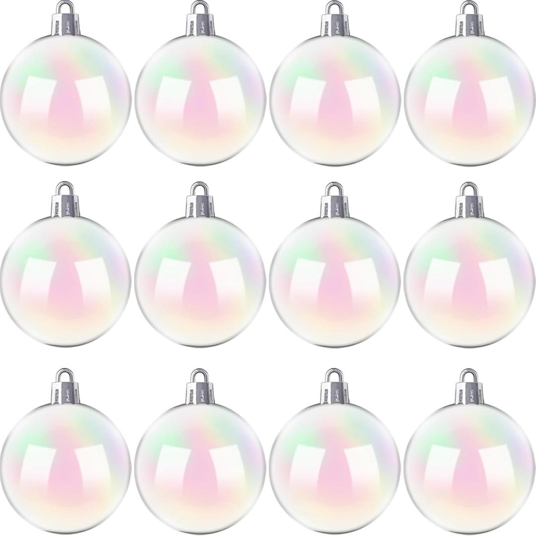12 PCS Christmas Iridescent Ornaments,3.14 Inch Plastic Clear Bubble Hanging Ornaments Balls,Christmas Rainbow Ball for Xmas Tree,Party,Wedding,Home Decor