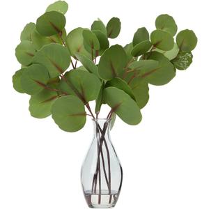 Artificial Eucalyptus Stems in Glass Vase with Realistic Faux Water - 5-Pack Real Touch Faux Greenery Stems, Dual-Sided Lifelike Leaves for Wedding Centerpieces, Home & Office Decor (Gray Glass)