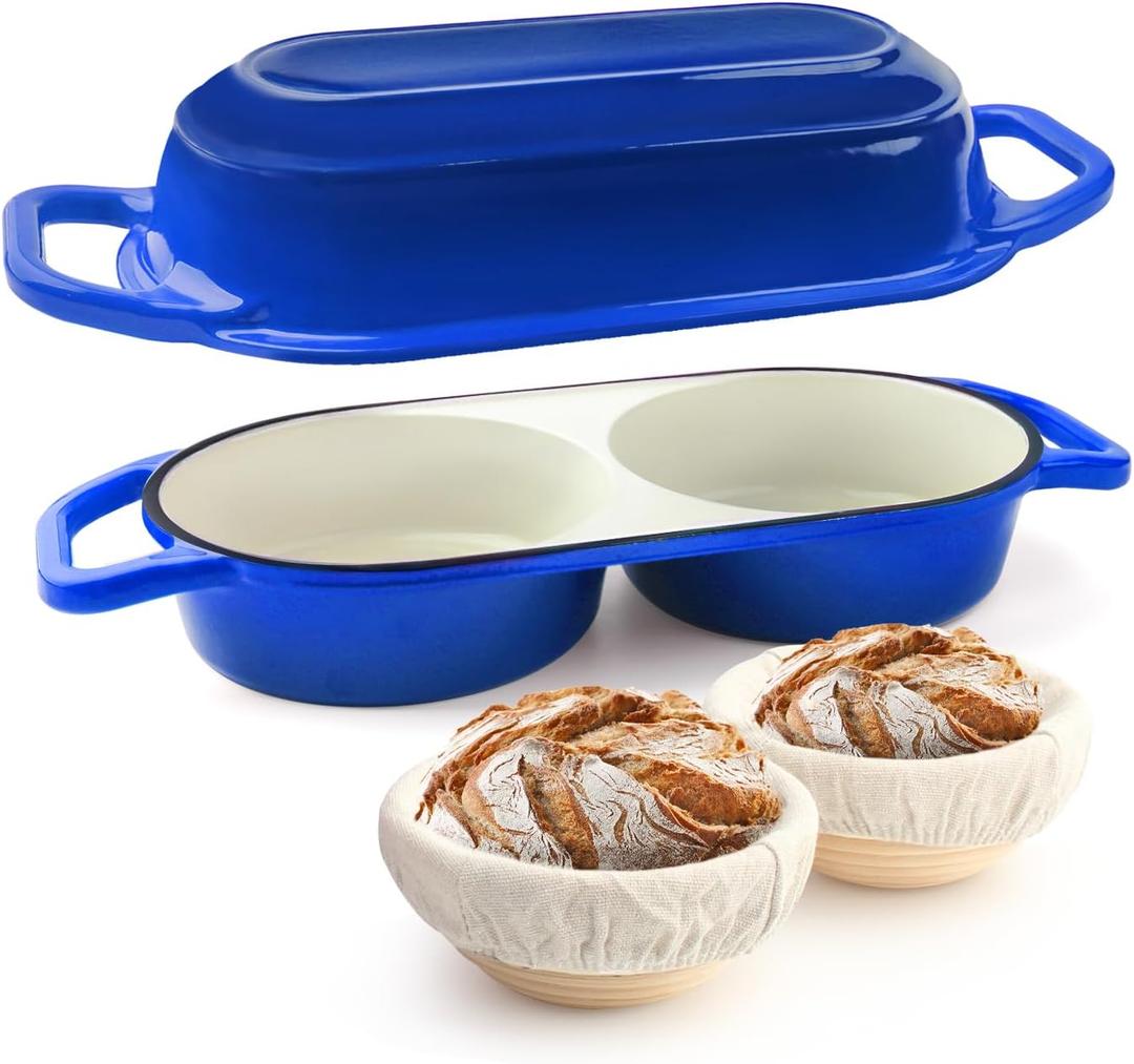 Mini Double Dutch Oven For Sourdough Bread Baking, 2.2QT Enameled Cast Iron
Dual Round Bread Loaf Pan with Lid, Non Stick 550°F Oven Safe Bread Pot For Homemade Bread, Meatloaf, Cake - Blue