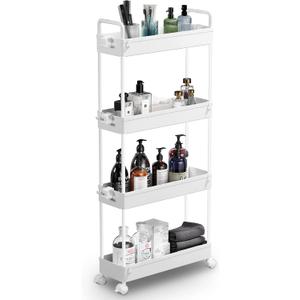 SOLEJAZZ Slim Rolling Storage Cart with Wheels 4 Tier Skinny Bathroom Storage Organizer Narrow Shelf Unit Thin Laundry Room Utility Cart for Bedside Kitchen Office Next to Fridge Small Places, White (4-Tier, 4.76"D)