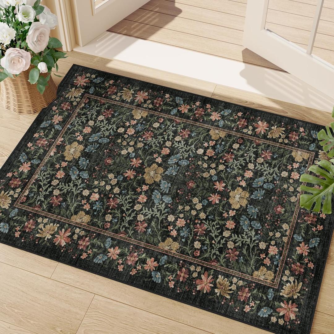 DUKINO 2x3 Entryway Rug, Floral Washable Area Rug with Non Slip Indoor Door Mat, Vintage Low Pile Small Front Door Throw Carpet for Kitchen, Entrance, Bathroom, Bedroom, Black