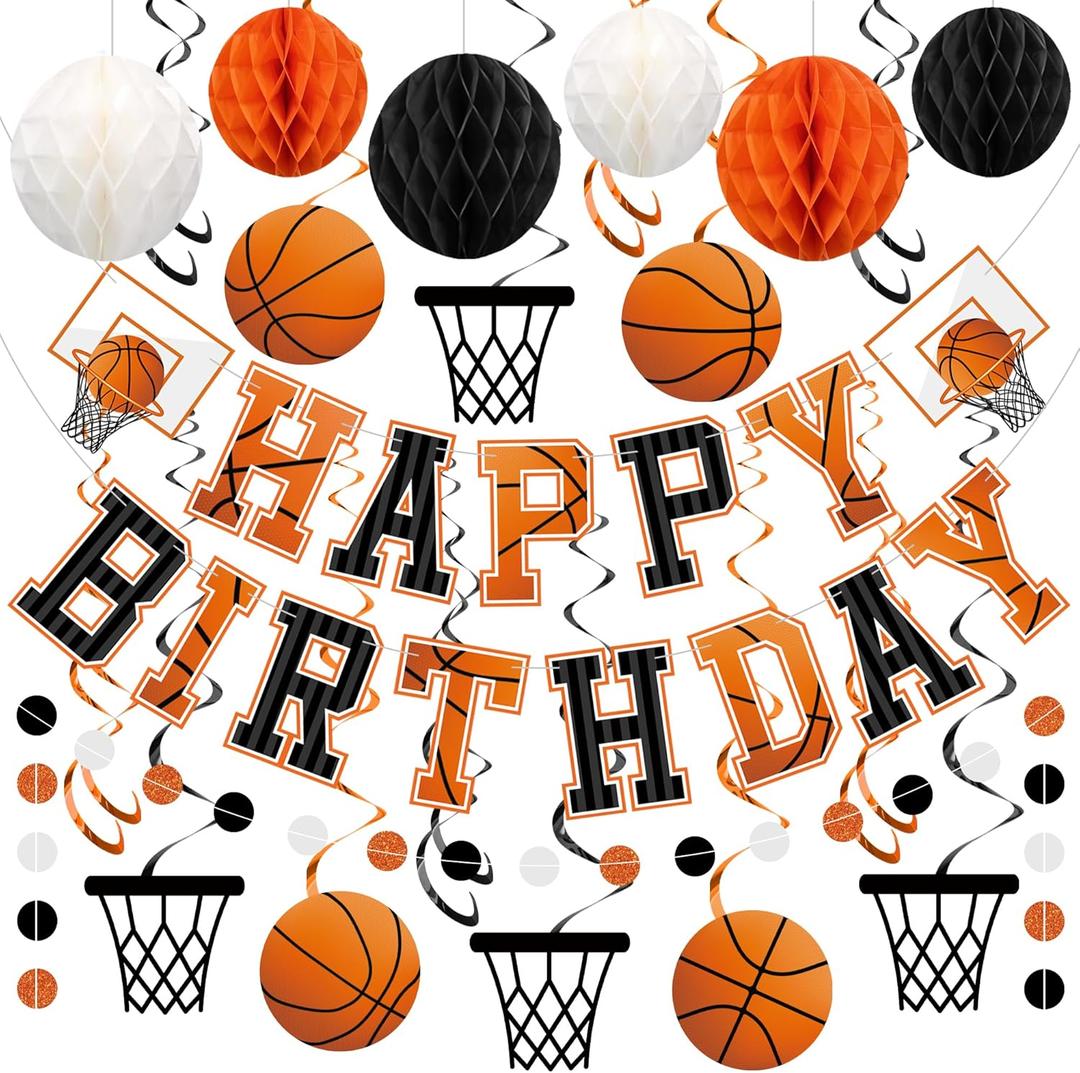 Pre-strung Basketball Birthday Party Decorations Basketball Happy Birthday Banner with Honeycomb Balls Basketballs Hoops Hanging Swirls Circle Dots Garland for Boys Men Sports Theme Party Decor