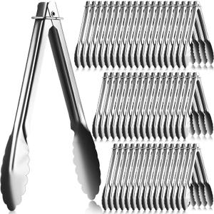 Set of 50 Stainless Steel Serving Tongs 7 Inch Cooking Clamps with Sliding Rings Small Clam Shell Metal Non Slip Food Tongs for Kitchen Salad Buffet Grill Barbecue Appetizers, Silver