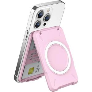 PROfezzion Magnetic Wallet Card Holder for MagSafe, RFID Blocking Hard Shell 4 Credit Card & Money Pocket Magnetic Wallet Stand for iPhone 16 15 14 13 12 Plus Max - Pink