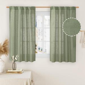LAMIT Sage Green Linen Curtains 48 Inch Length 2 Panels, Light Filtering Panels Back Tab and Rod Pocket Neutral Drapes for Kitchen/Window/Loft Room, 34 x 48 Inch