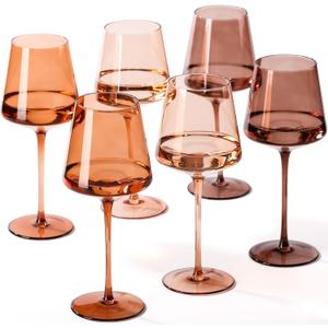 Venus Colored Wine Glasses Set of 6-18ozHand Blown Brown Wine Glasses with Tall Long Stems and Flat Bottom, Amber Colored Glassware-Unique Gifts for Wine Lovers-Wedding Gifts