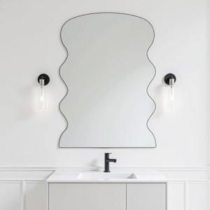 Rectangle Wavy Mirror for Bathroom, 20"x28" Black Scalloped Vanity Mirror for Over Sink, Modern Irregular Wall Mirror Decorative for Bedroom Living Room Entryway